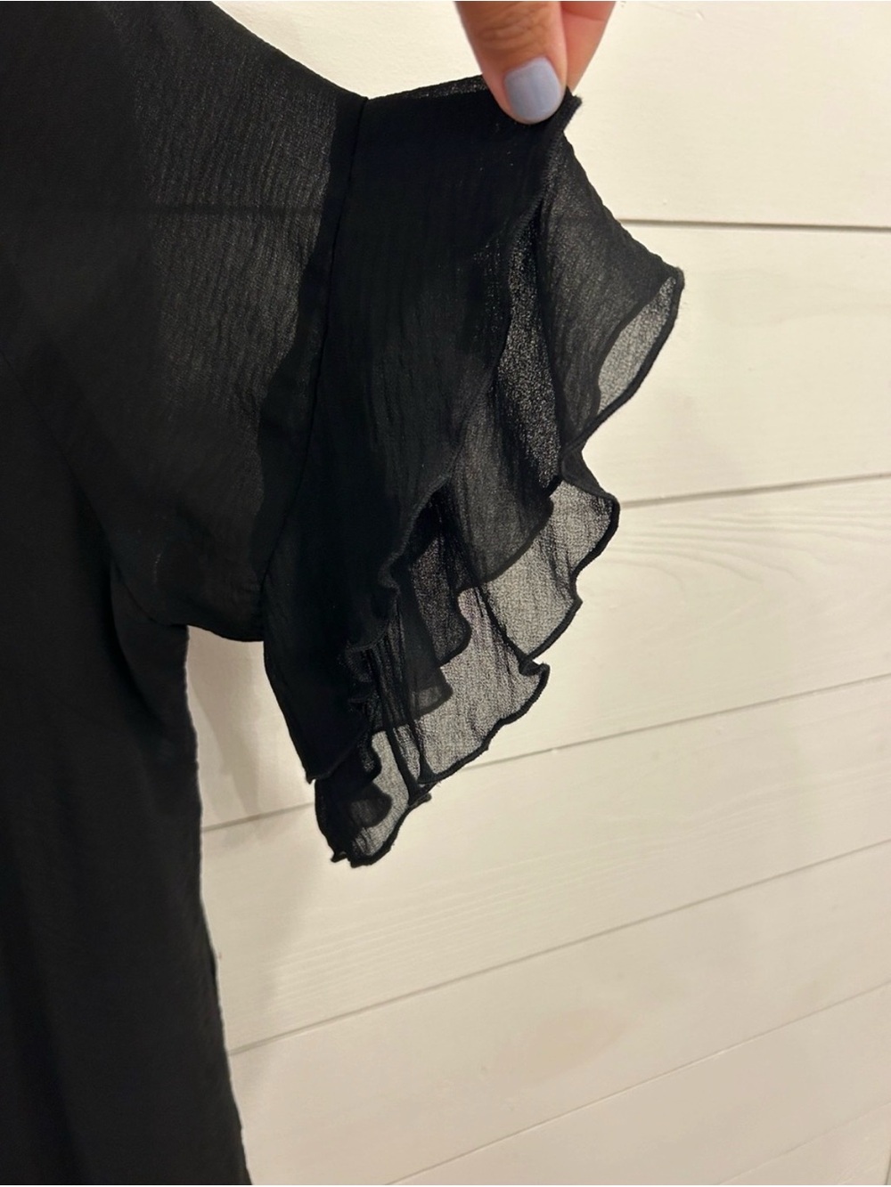 Chiffon Black Ruffle Sleeve Women's Top - Picture 4 of 6